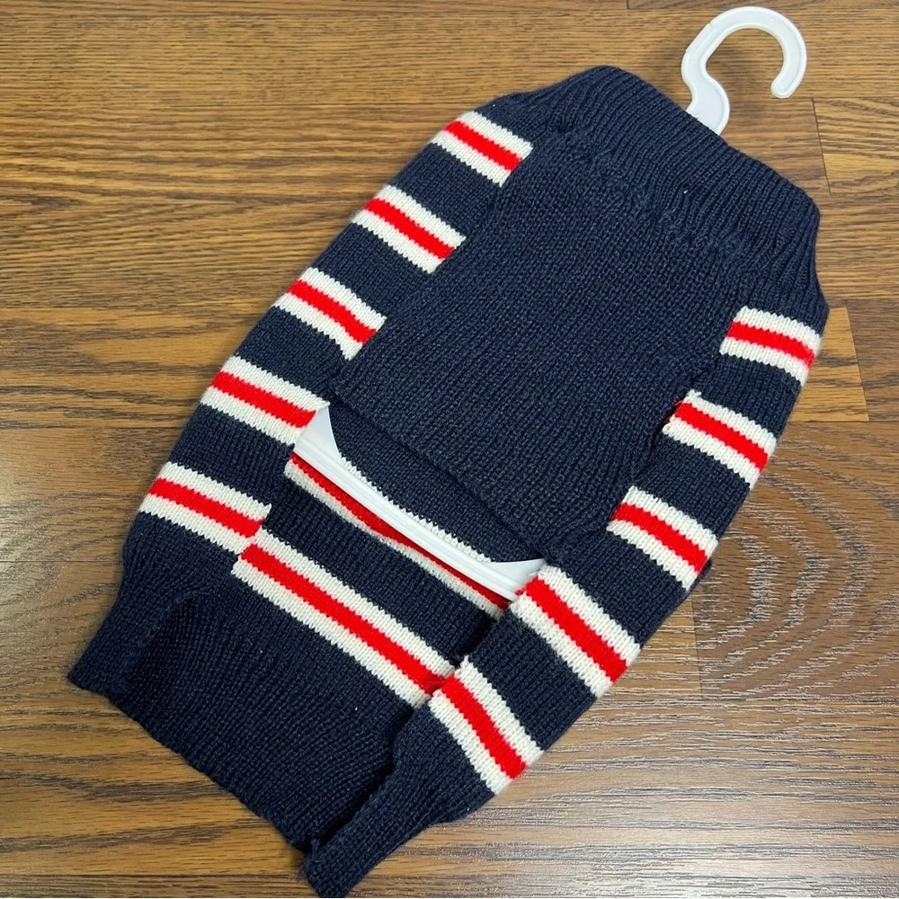 Beanie & matching dog sweater in a navy, red, and white striped pattern, small